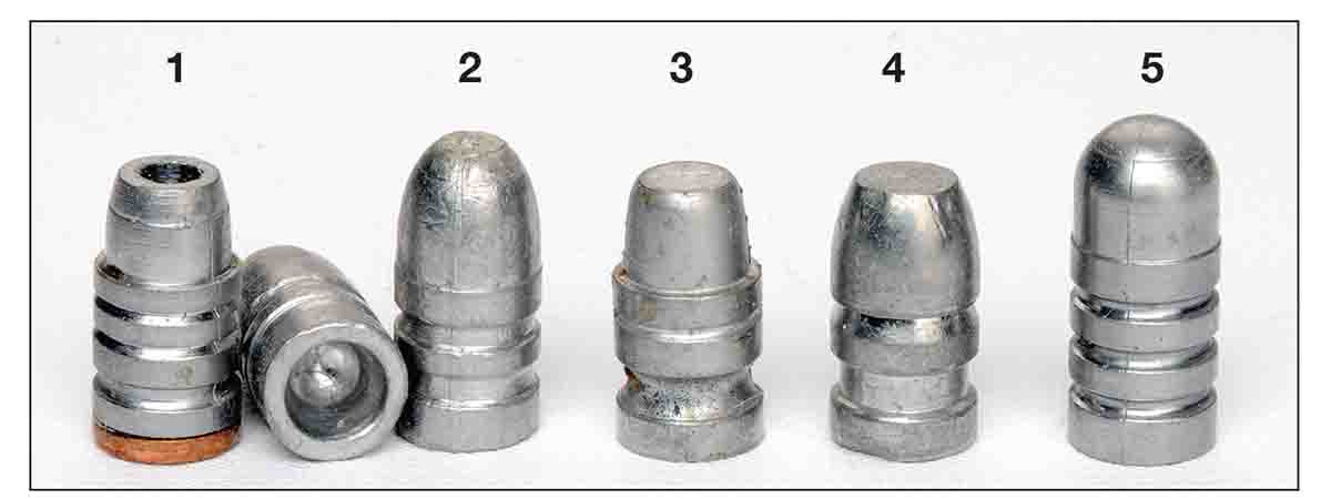 Different cast bullet designs include: (1) Lyman No. 358156 148-grain SWC-HP, (2) Buffalo Arms Custom 158 HB/RN, (3) Lyman 358477 150 SWC, (4) Lyman 358665 158 RN/FP and (5) Lyman 358430 200 RN.